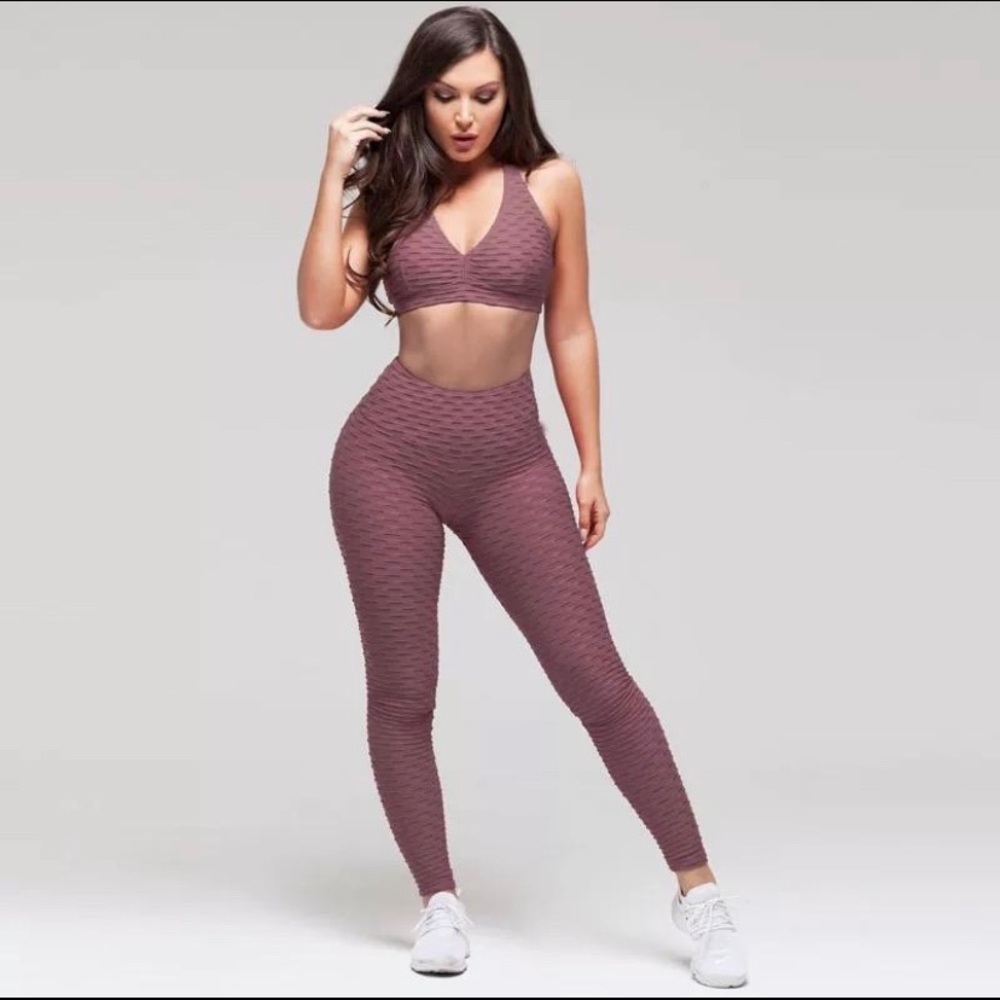 High-Waist Textured Track Leggings in Mauve